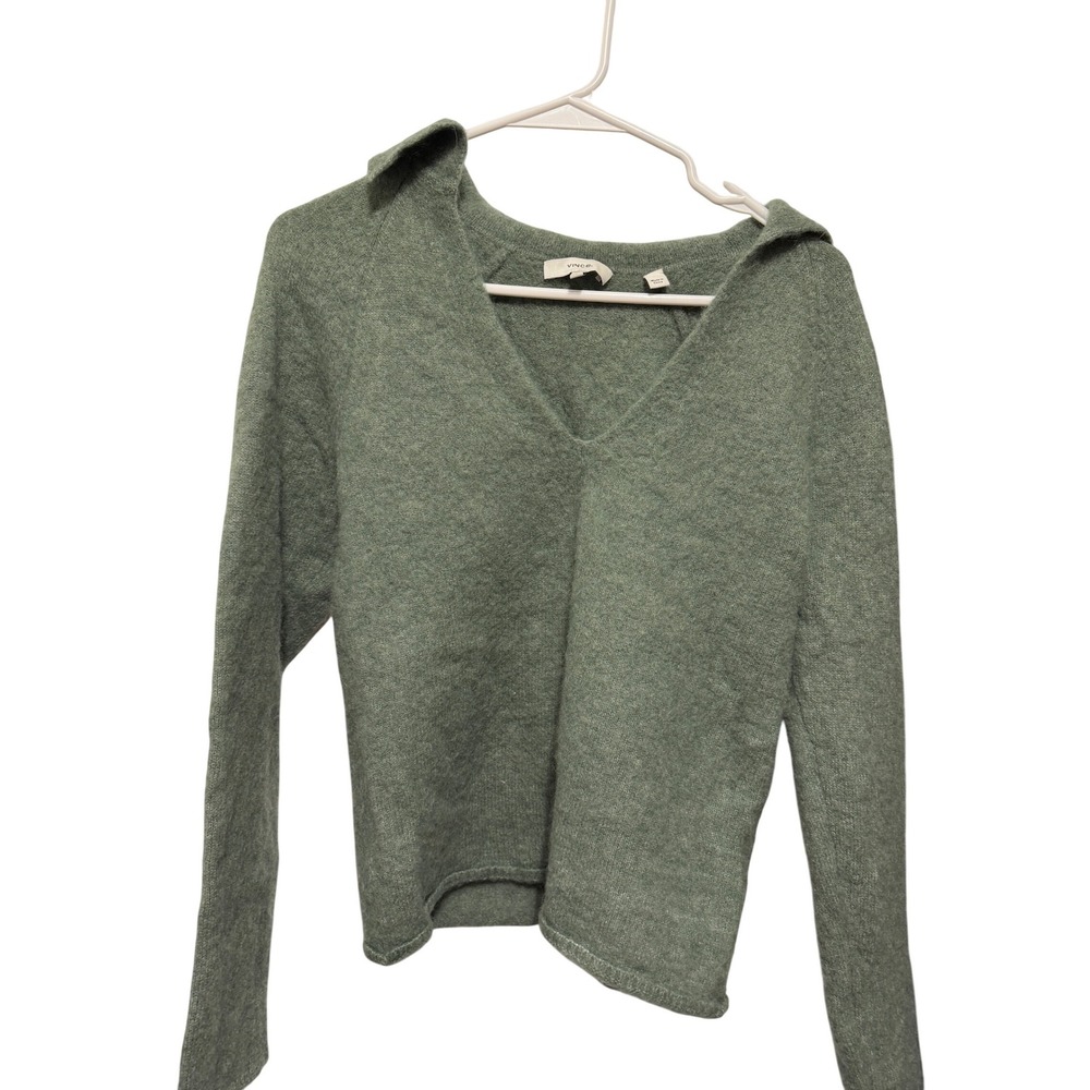 Vince Sage Green Alpaca Wool Blend Polo Collar‎ V-Neck Sweater Large